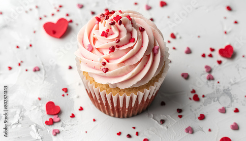 Tasty cupcake for Valentine's Day on white background, top view