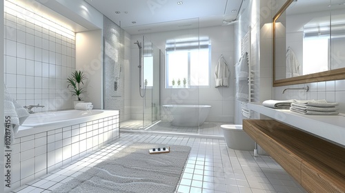 3D rendering of contemporary bathroom with clean white tiles and glass shower