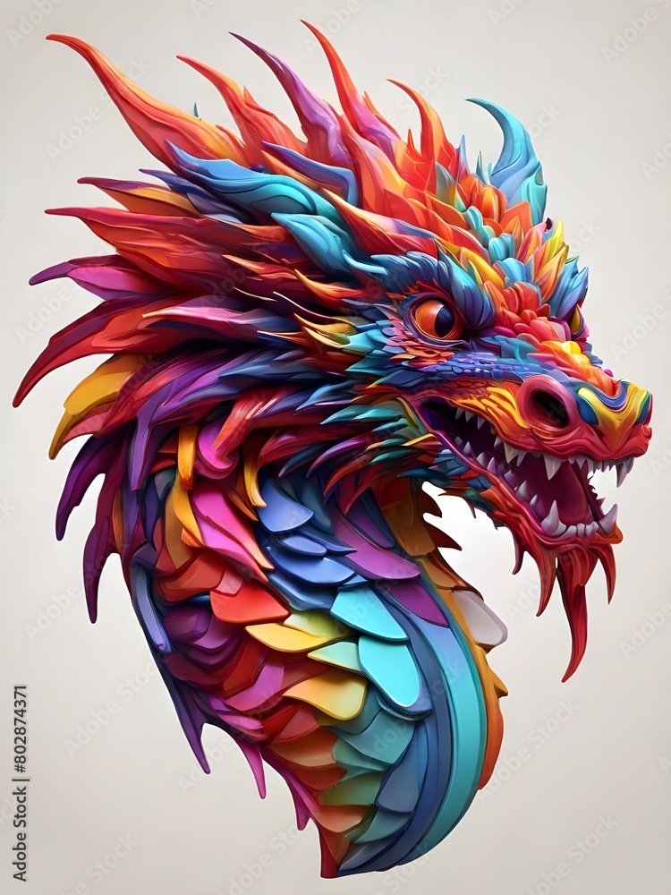Fototapeta premium 3D vector rainbow colored, wavy fractal neon Dragon head.