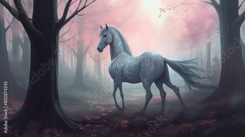 Mystical unicorn illustration  Unicorn in serene forest clearing  Unicorn artwork  Graceful unicorn illustration  Unicorn in enchanted forest  Full body unicorn illustration  Unicorn standing in fores