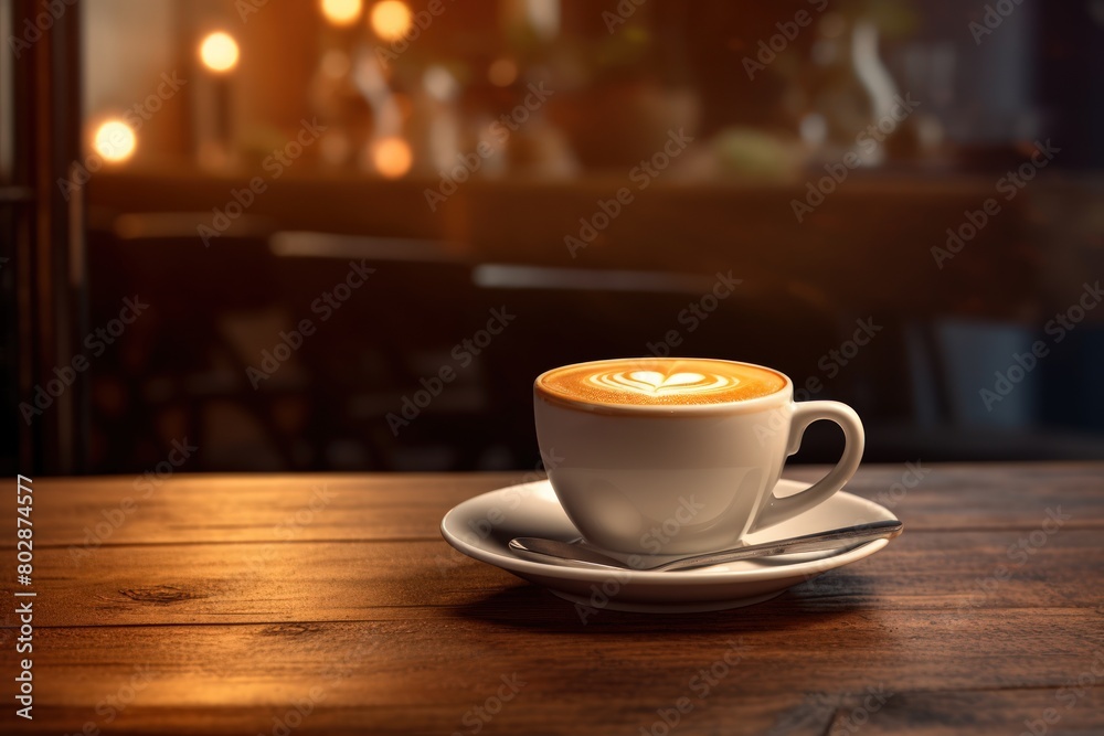 cup of coffee with latte art on a wooden table.