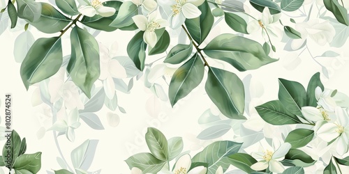 Wallpaper Mural Jasmine with exquisite petals, white petals with light green leaves, cute and dreamy. Light green background with soft colors Torontodigital.ca