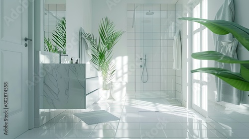 3D rendering of contemporary bathroom with clean white tiles and glass shower photo