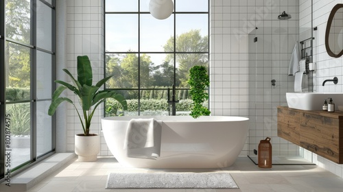 3D rendering of contemporary bathroom with clean white tiles and glass shower