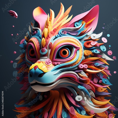 Blacklight painting-style lion, lion 3D illustration