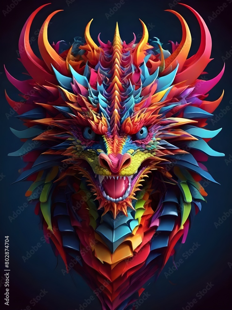 3D vector rainbow colored, wavy fractal neon Dragon head.