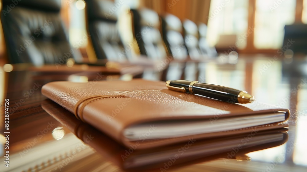 A pristine conference table set with a single, embossed notebook and a sleek fountain pen A pristine conference table set with a single, embossed notebook and a sleek fountain pen