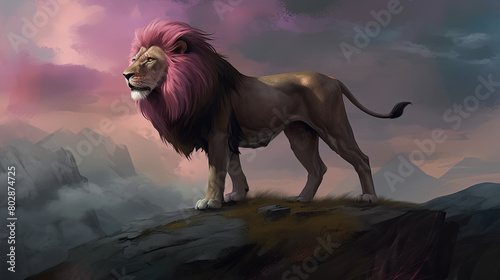 A full body illustration of a majestic lion standing proudly on a rocky outcrop, its mane flowing in the wind, under a grey sky streaked with pink clouds, fauxfurcore, emphasizing the lion's regal dem