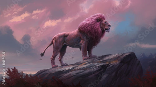 A full body illustration of a majestic lion standing proudly on a rocky outcrop, its mane flowing in the wind, under a grey sky streaked with pink clouds, fauxfurcore, emphasizing the lion's regal dem photo