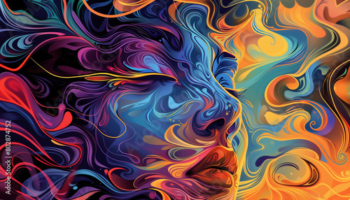 A colorful painting of a woman's face with a blue and orange swirl