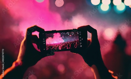 Abstract colorful background of hand holding smart phone to taking memories by capture image photo and record video of lighting and people crowded in concert music event. using camera mobile concept.