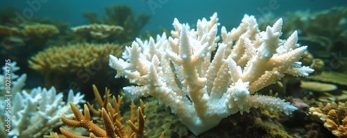 Close up of bleached coral with polyps visible, Highlight the loss of symbiotic algae photo