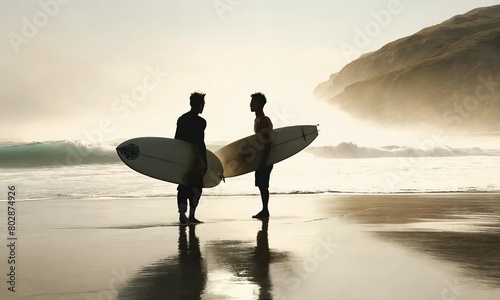 Surfers watch big breaking waves from beach after sunset surf session.