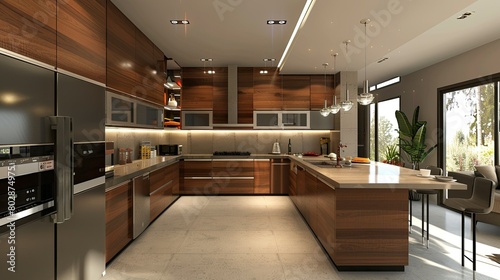 3D rendering of contemporary kitchen with sleek wooden cabinets and modern appliances