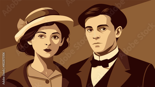 A sepiatoned photograph of a young couple dressed in their Sunday best is the first glimpse into the past.. Vector illustration