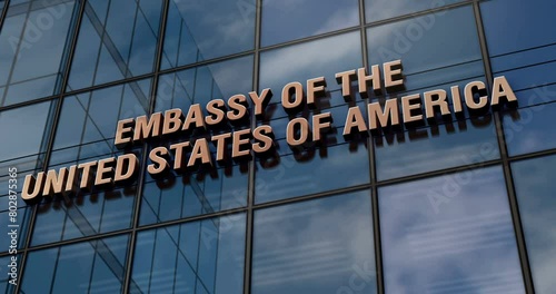 Embassy of the United States of America glass building concept. US diplomatic office symbol on front facade 3d. photo
