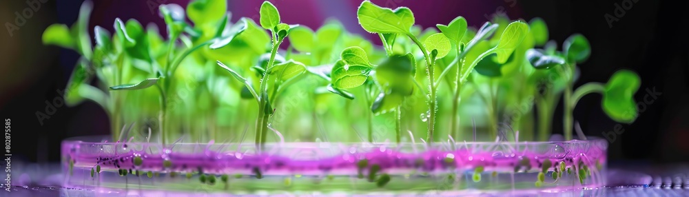 A group of plants growing in a petri dish under a purple light. A group of plants growing in a petri dish under a purple light.