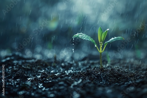 An abstract depiction of raindrops nurturing a small plant, illustrating the cycle of life photo