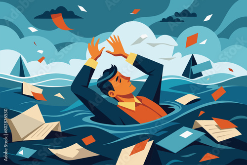 Man overwhelmed by paperwork at sea, vector cartoon illustration. Stress and workload with businessman drowning in ocean of documents.