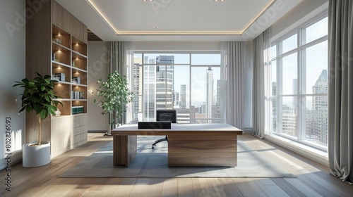 3D rendering of contemporary office space with minimalist desk and bright windows