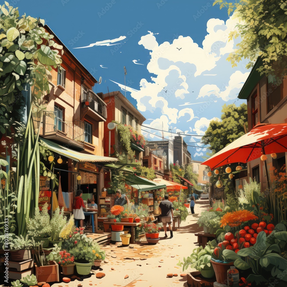 Illustration of a vibrant market scene