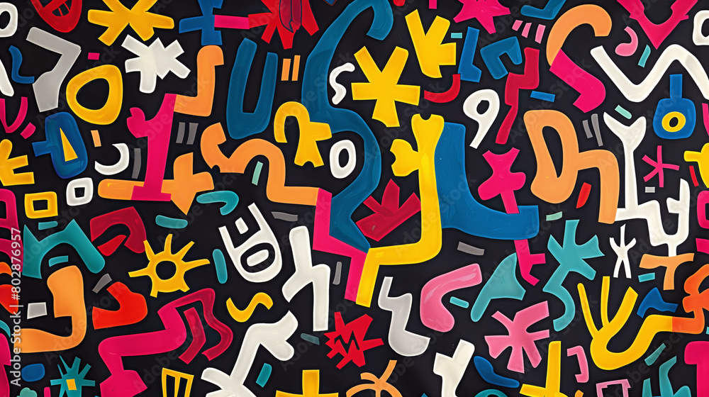A pattern of colorful maze-like shapes, interconnected by white lines and surrounded by a black background. abstract background, wallpaper, poster A pattern of colorful maze-like shapes, interconnected by white lines and surrounded by a black background. abstract background, wallpaper, poster
