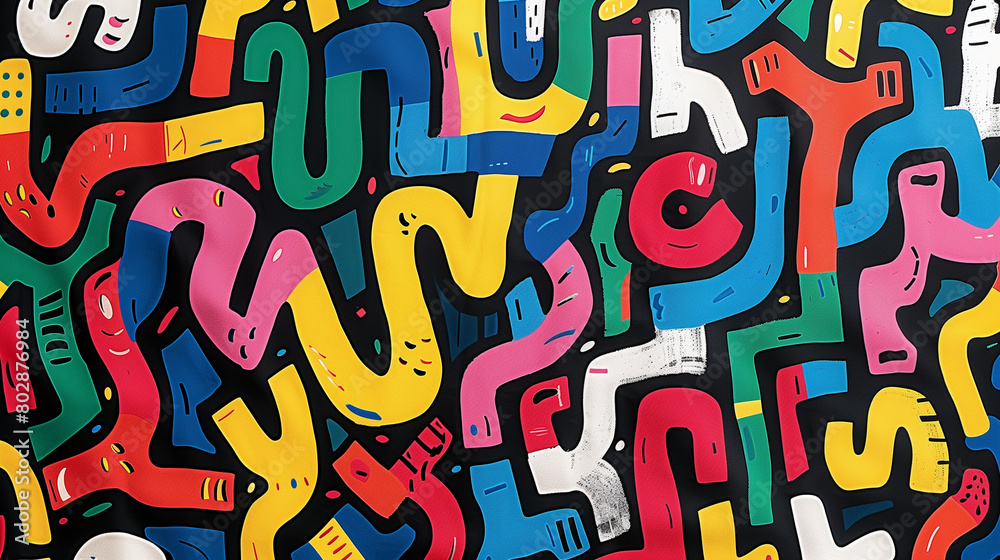 A pattern of colorful maze-like shapes, interconnected by white lines and surrounded by a black background. abstract background, wallpaper, poster A pattern of colorful maze-like shapes, interconnected by white lines and surrounded by a black background. abstract background, wallpaper, poster
