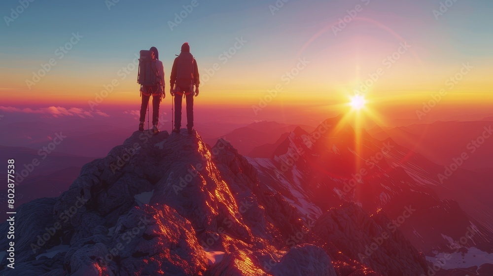 Pair of Climbers on Summit at Sunset