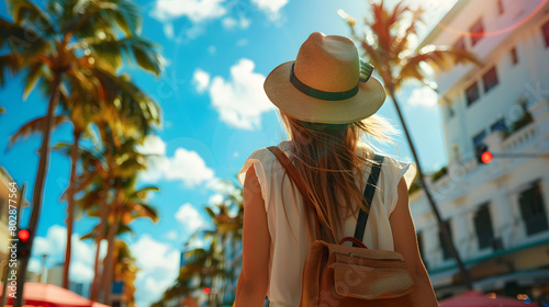 A woman in a sun hat and backpack strolls under the clear sky in the city photo