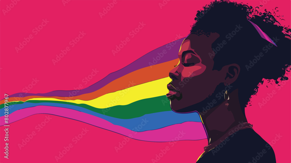 African-American woman with rainbow flag on pink background