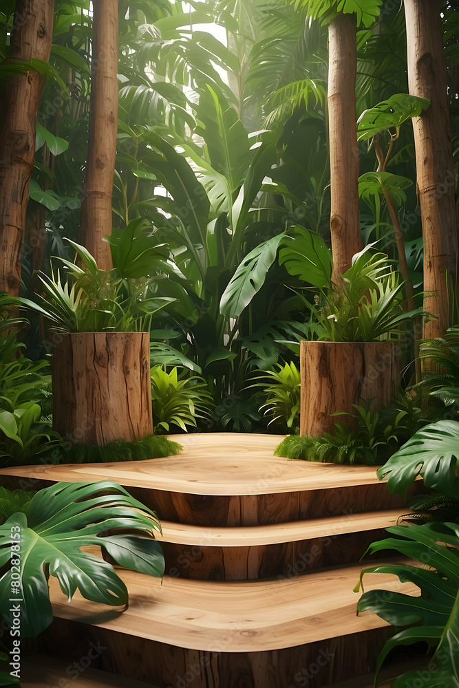 tree trunks podium with tropical plants background tree trunks podium with tropical plants background