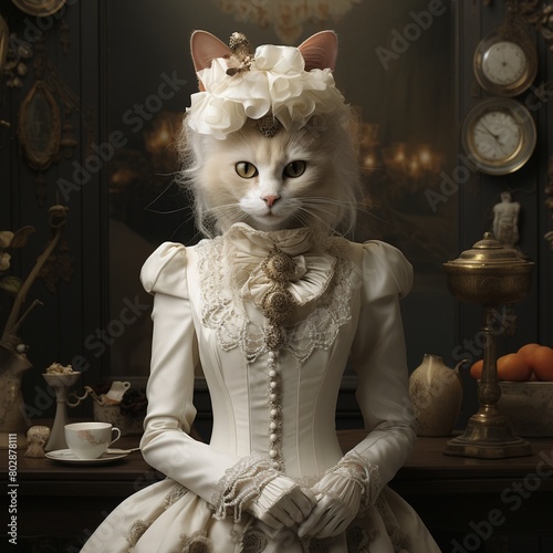 A surreal image of she-cat in an elegant white vintage dress.