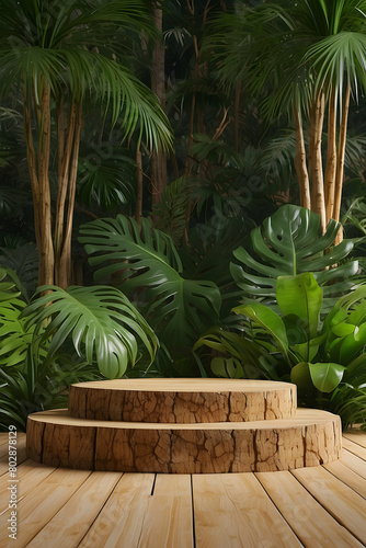 tree trunks podium with tropical plants background