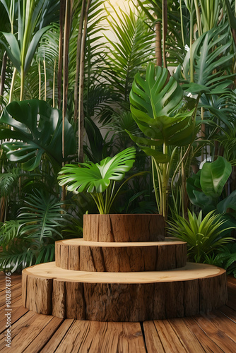 tree trunks podium with tropical plants background © HeyKun
