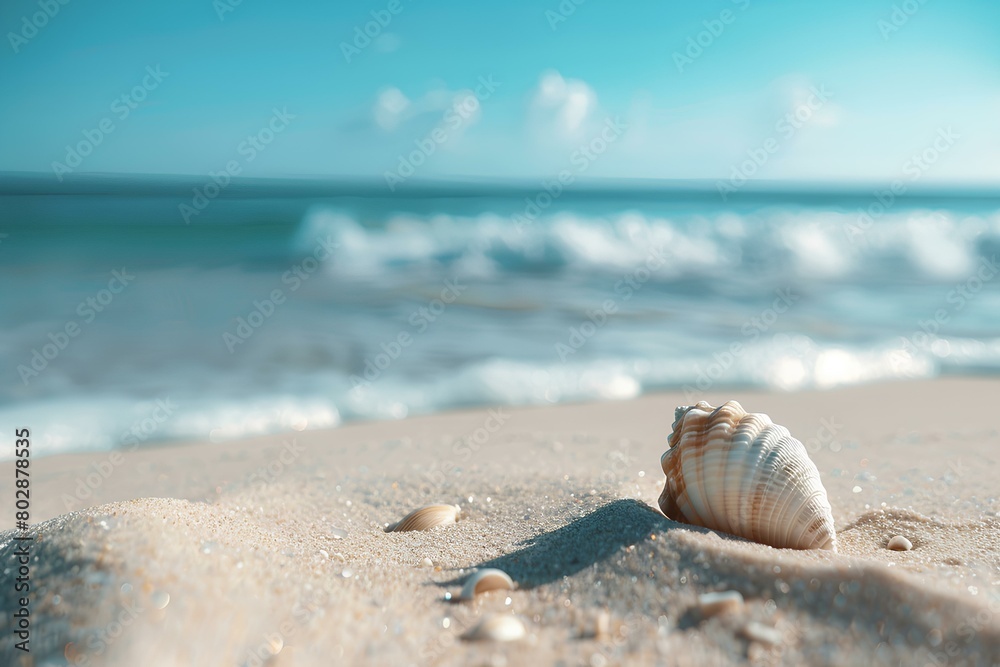 Sand, Summer beach and shells and sandals with blurred blue sea and sky,mockup style, summer vacation background concept Sand, Summer beach and shells and sandals with blurred blue sea and sky,mockup style, summer vacation background concept