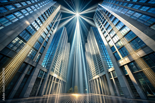 Artistic Rendering of Light Beams Streaming Through High-Rise Building © Butsarakham