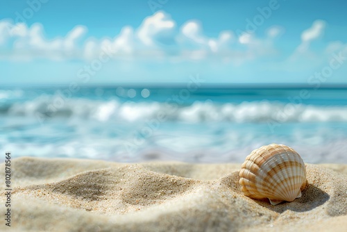 Sand, Summer beach and shells and sandals with blurred blue sea and sky,mockup style, summer vacation background concept © sirirat