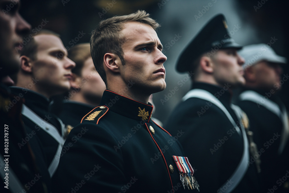Naklejka premium AI generated portrait of handsome man on parade in military army uniform