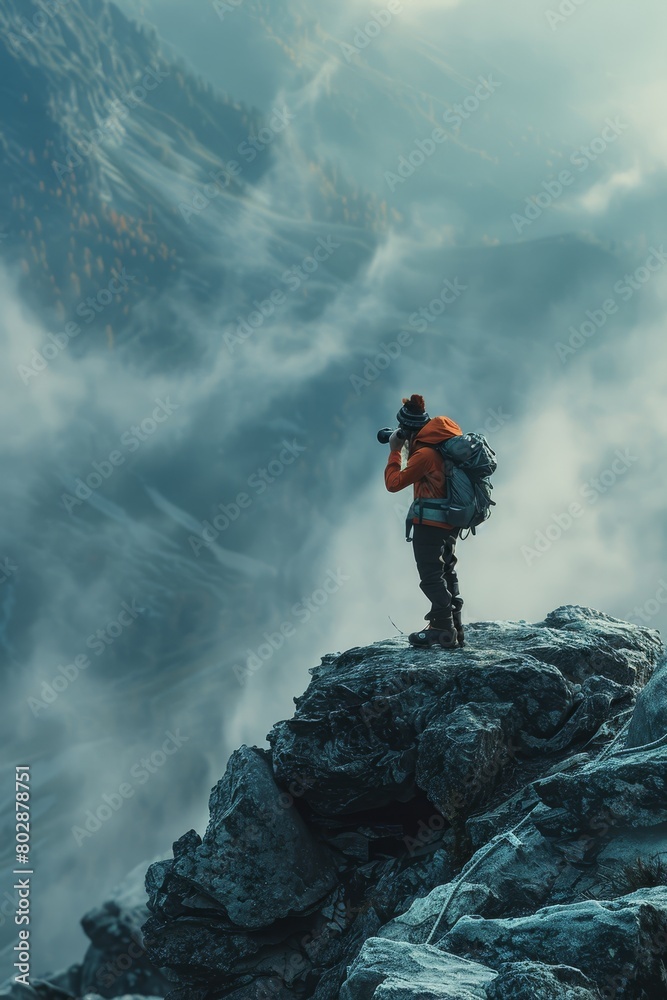 Mountain Explorer in Cloudy Wilderness