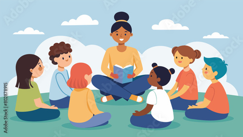 A group of children sitting crosslegged on the ground listening to the guide with rapt attention as he tells the story of a brave heroine who helped. Vector illustration