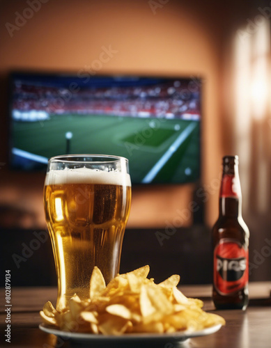 glass of Beer and bowl of chips set on football match tv background at home 