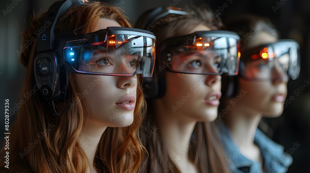 young women wearing augmented reality headsets, intensely focused on a shared virtual experience. The futuristic setting and the illuminated headsets suggest an immersive and cutting-edge technology e young women wearing augmented reality headsets, intensely focused on a shared virtual experience. The futuristic setting and the illuminated headsets suggest an immersive and cutting-edge technology e