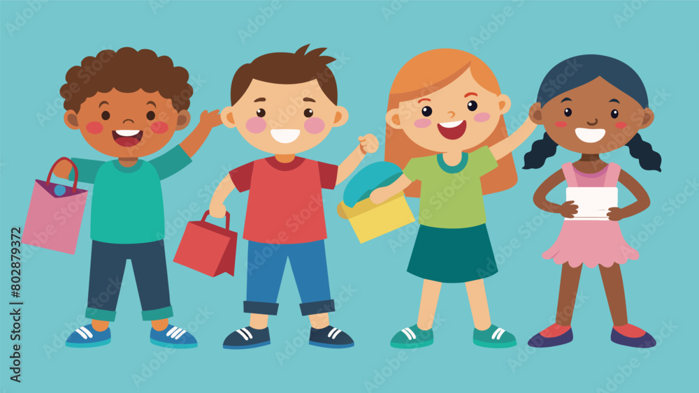 Young children proudly show off their finds from the swap meet grinning from ear to ear as they model their newtothem outfits.. Vector illustration