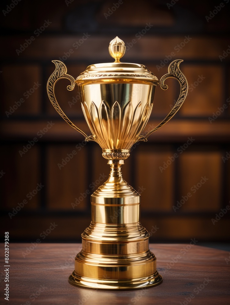 golden trophy on wooden table golden trophy on wooden table