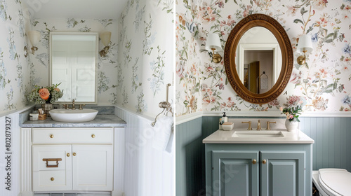 Old vanity replaced in powder room with a stylish new setup featuring unique wallpaper and a classic mirror.