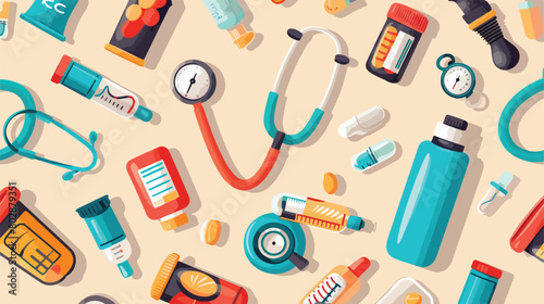 Asthma inhalers and stethoscopes on beige background photo