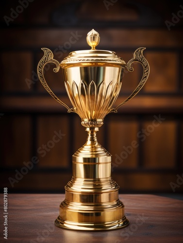golden trophy on wooden table