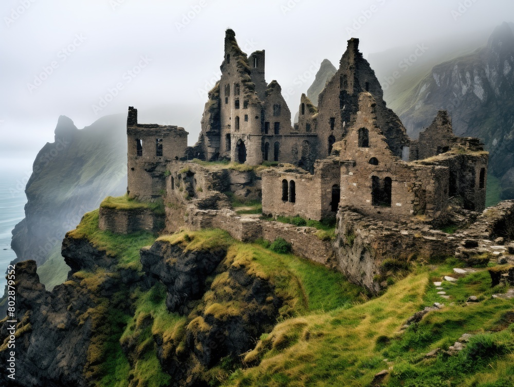 Mysterious medieval castle ruins in misty mountains