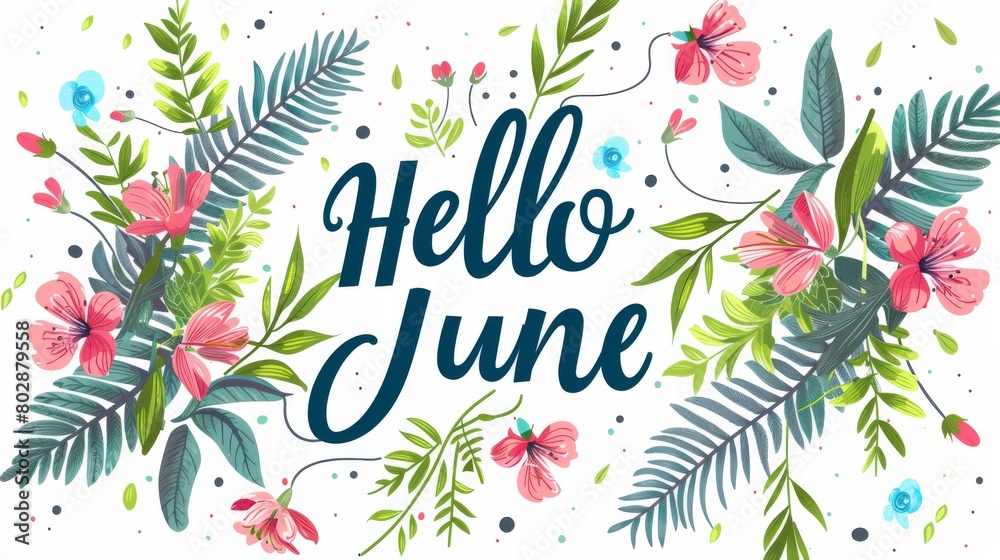 Obraz premium Abstract background with watercolor colorful splashes and flowers. Hello June - modern calligraphy lettering. Summer concept background.