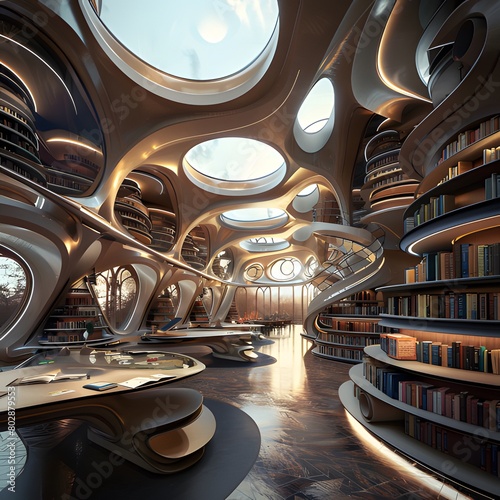 A cutting-edge, futuristic study space with organic shapes, ample lighting, and built-in bookshelves. The design features a combination of curves and straight lines, creating a dynamic and engaging en